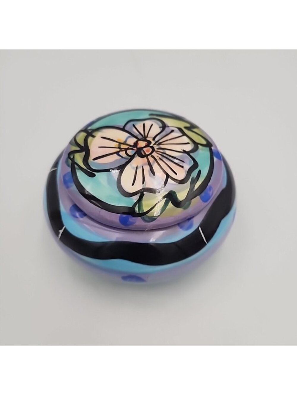 MEXICAN TALAVERA POTTERY TRINKET JEWELRY BOX & LID FLORAL HAND PAINTED ROUND 5"w